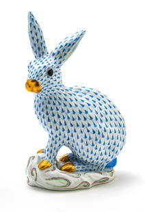 Herend Porcelain Manufactory (Hungarian) Porcelain Rabbit, H 12'': Herend Porcelain Manufactory (Hungarian) Porcelain Rabbit, H 12'' | Blue fish net design.Provenance: Property from a Weidman, MI private collector