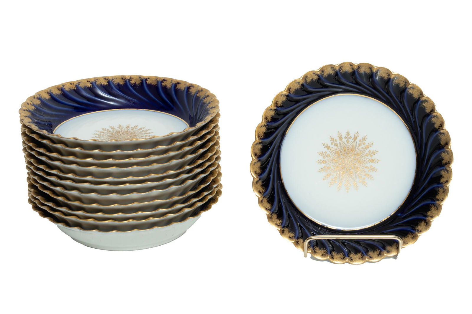 Limoges (France) Porcelain Soup Bowls, Cobalt Blue And Gold Edge, Dia. 7'' 12 pcs (1 of 3)
