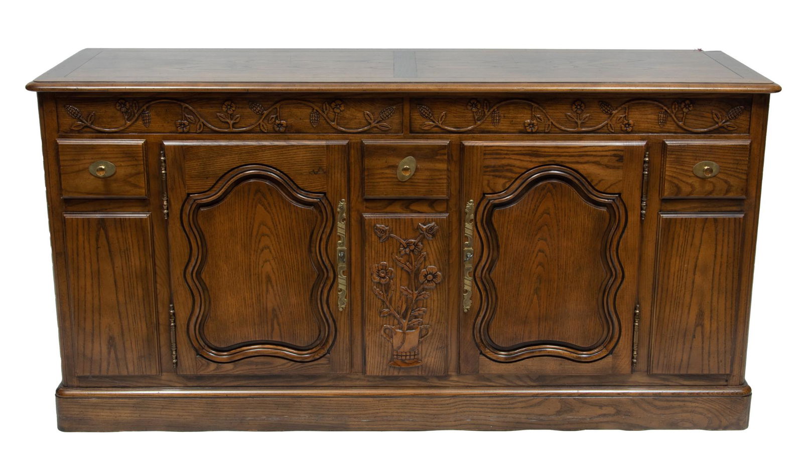 Carved Country French Style Oak Sideboard C. 1960, H 32'' L 64'' Depth 19'' (1 of 4)