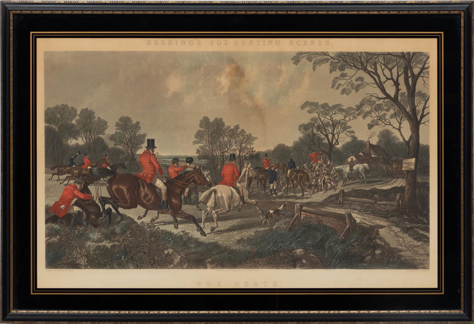 After J.F. Herring, Hunt Print, H 17", W 31", "The Death": After J.F. Herring, Hunt Print, H 17", W 31", "The Death" | Engraved By J Harris. Herring's Fox-Hunting Scenes. Black Glass Mat. Frame 26" X 38". From The Estate Of Jane Brock, Grosse Pointe. Michigan
