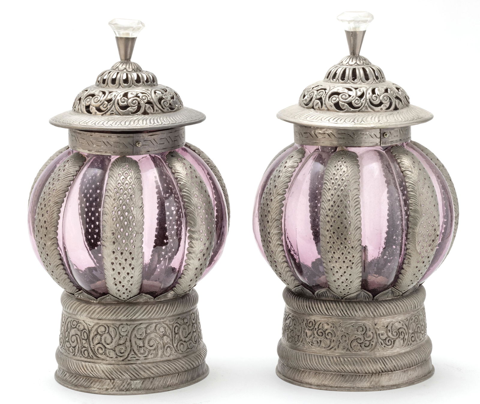 Moorish Influence Hammered Metal & Glass Lanterns, H 17'' Dia. 9'' 1 Pair (1 of 3)