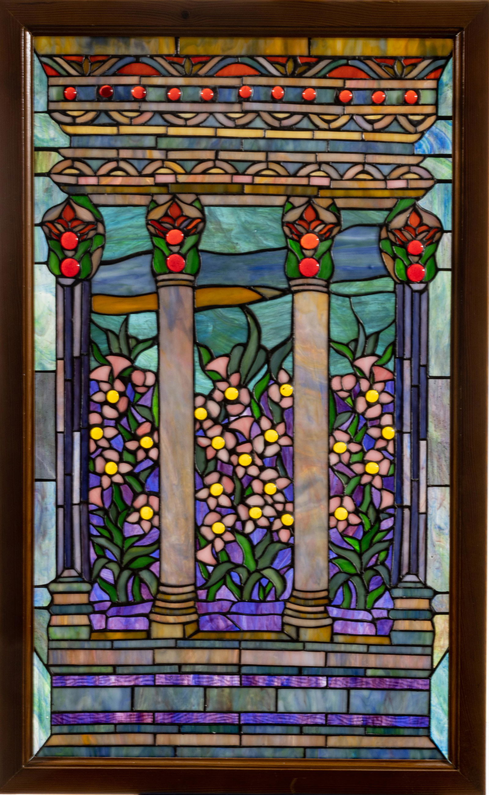 Leaded Stained Glass Window, Pillared Garden H 33'' W 19'' 1 pc (1 of 3)