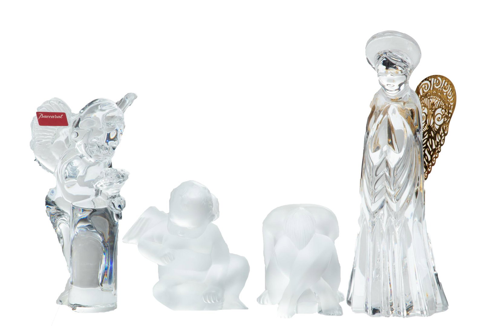 LaLique Glass Cupids & Nude Figure, Baccarat Angel, 2.5" - 3" 4 pcs: LaLique Glass Cupids & Nude Figure, Baccarat Angel, 2.5" - 3" 4 pcs | 3 glass figures by LaLique. One cherub by Baccarat. Provenance: The estate of a prominent Lakeshore Drive, Grosse Pointe, MI priva