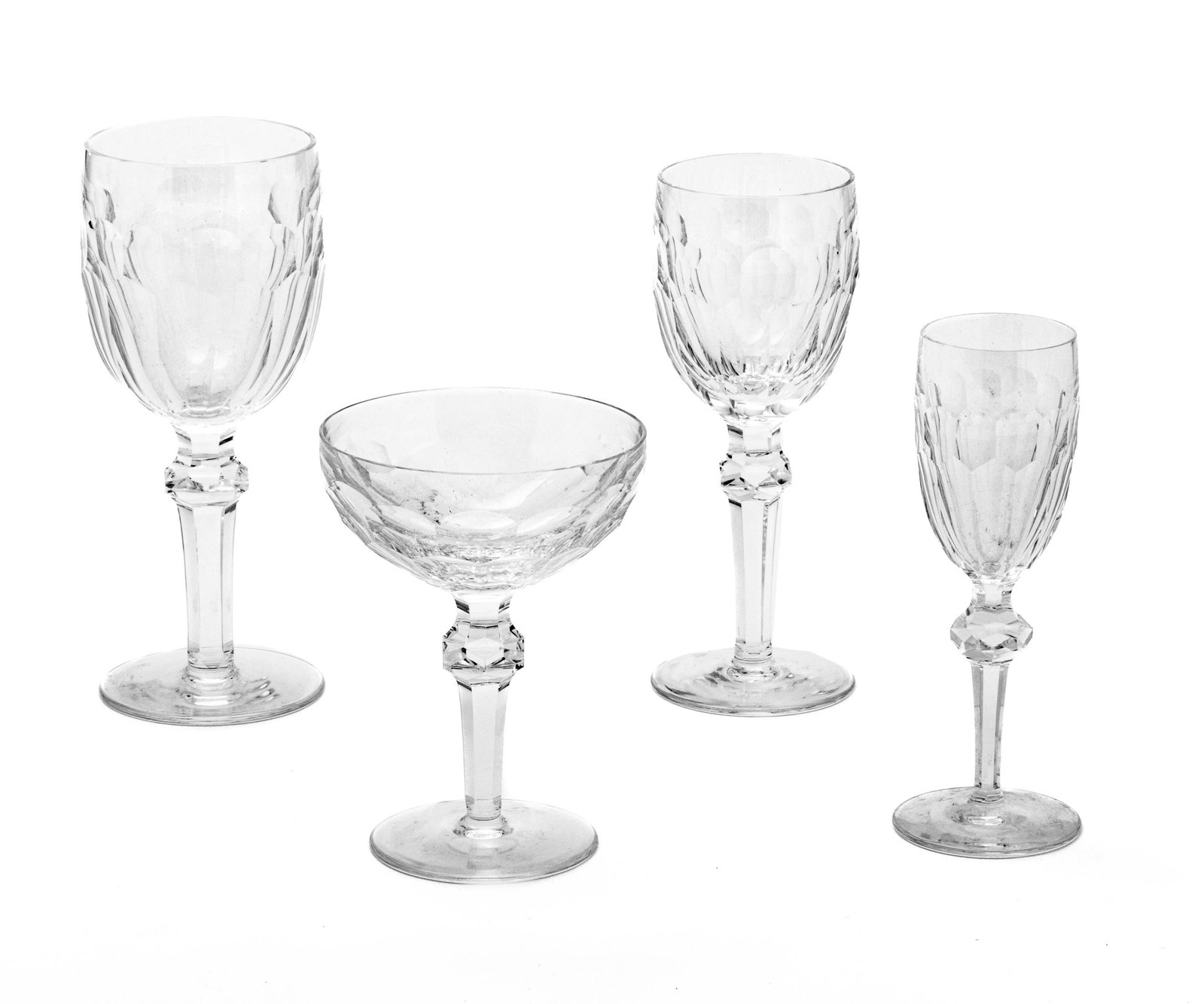 Waterford (Irish, 1783) 'Curraghmore' Crystal Goblets, Champagnes & Wine Glasses, 11 pcs: Waterford (Irish, 1783) 'Curraghmore' Crystal Goblets, Champagnes & Wine Glasses, 11 pcs | Signed. 6 champagnes 5". 2 Water goblets 7.5", 2 wine goblets 7", 1 sherry glass 6.5".