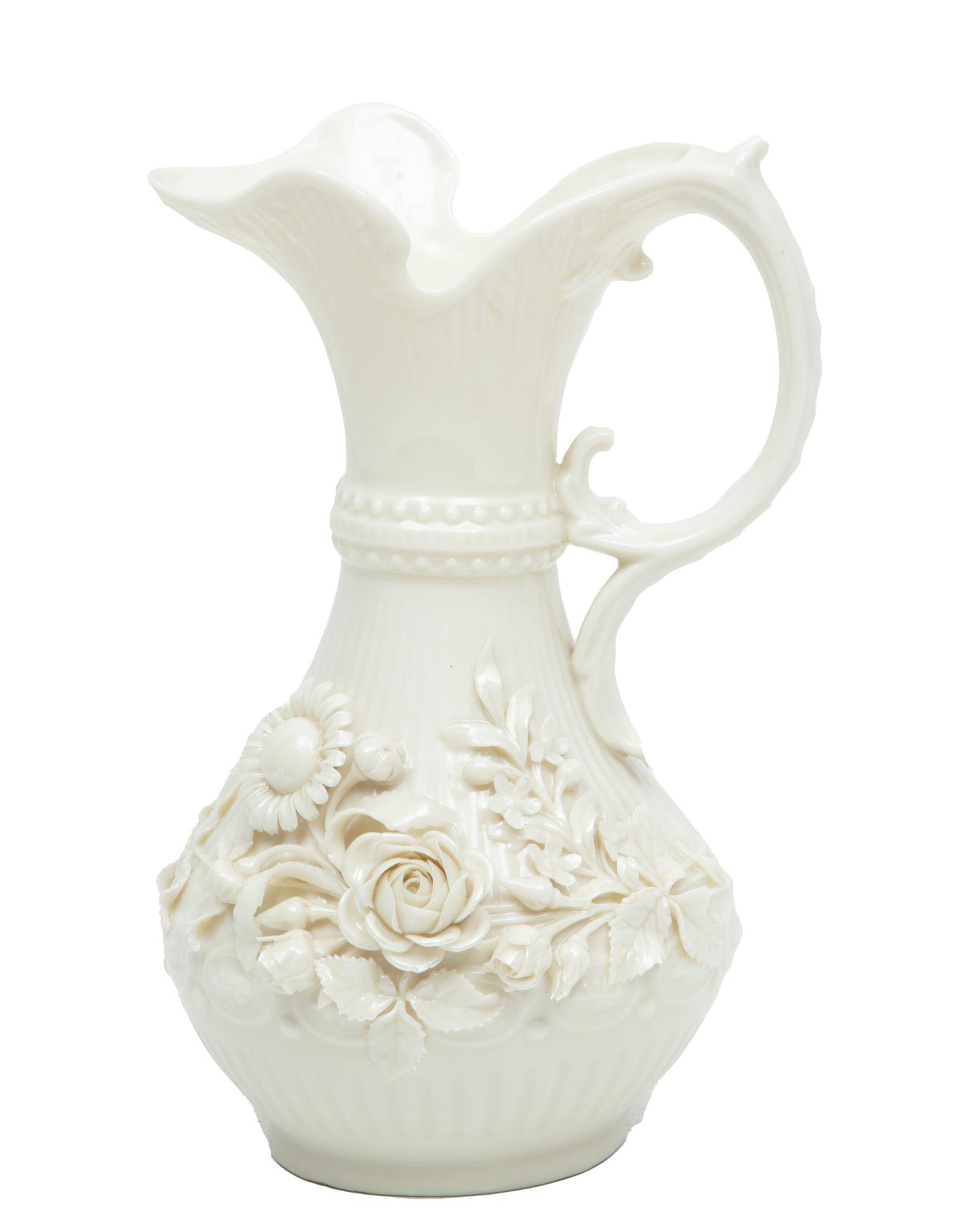 Irish Belleek Porcelain Ewer, Raised Flowers H 9'': Irish Belleek Porcelain Ewer, Raised Flowers H 9'' | Flowers in full relief. Green mark.Provenance: The estate of a prominent Lakeshore Drive, Grosse Pointe, MI private collector.