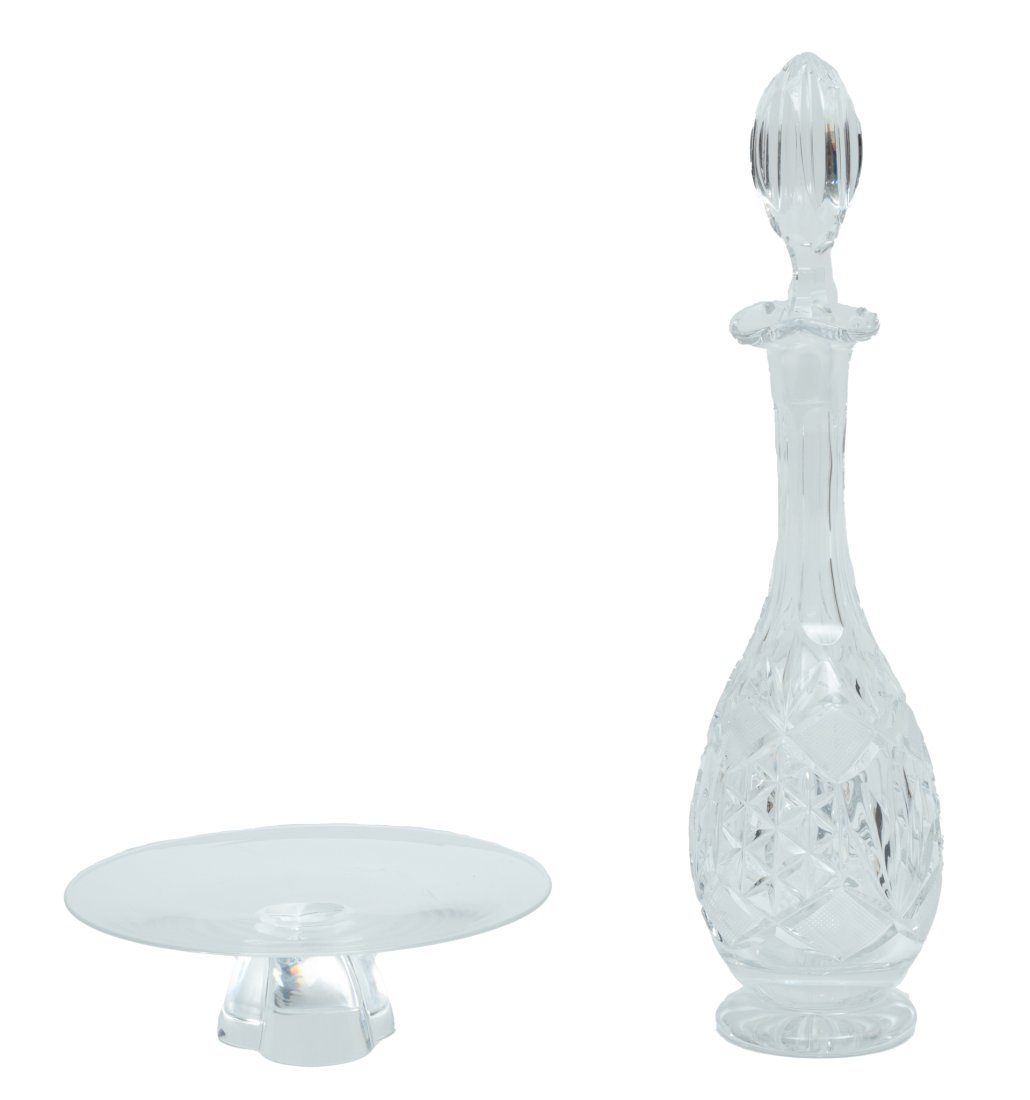 Crystal Wine Decanter 15", & Steuben Compote Dia. 7'' 2 pcs: Crystal Wine Decanter 15", & Steuben Compote Dia. 7'' 2 pcs | Clear hand cut crystal decanter, 15". Steuben signed crystal compote H 2.5" Dia 7.5"Provenance: The estate of a prominent Lakeshore Drive,