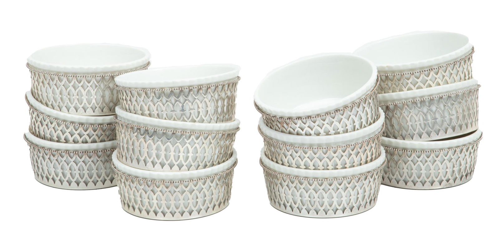 Sterling Silver Ramekin Frames, Porcelain Inserts C. 1930, H 2'' Dia. 3'' 12.72t oz 12 pcs (1 of 6)