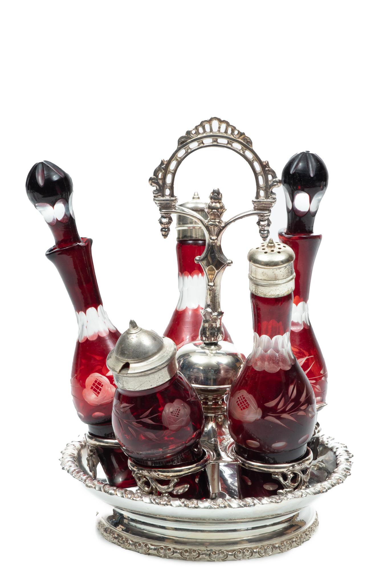 Bohemian Glass 5 Cruets And Jars In Silver Plate Frame C. 1870, H 12'' Dia. 8'' (1 of 7)