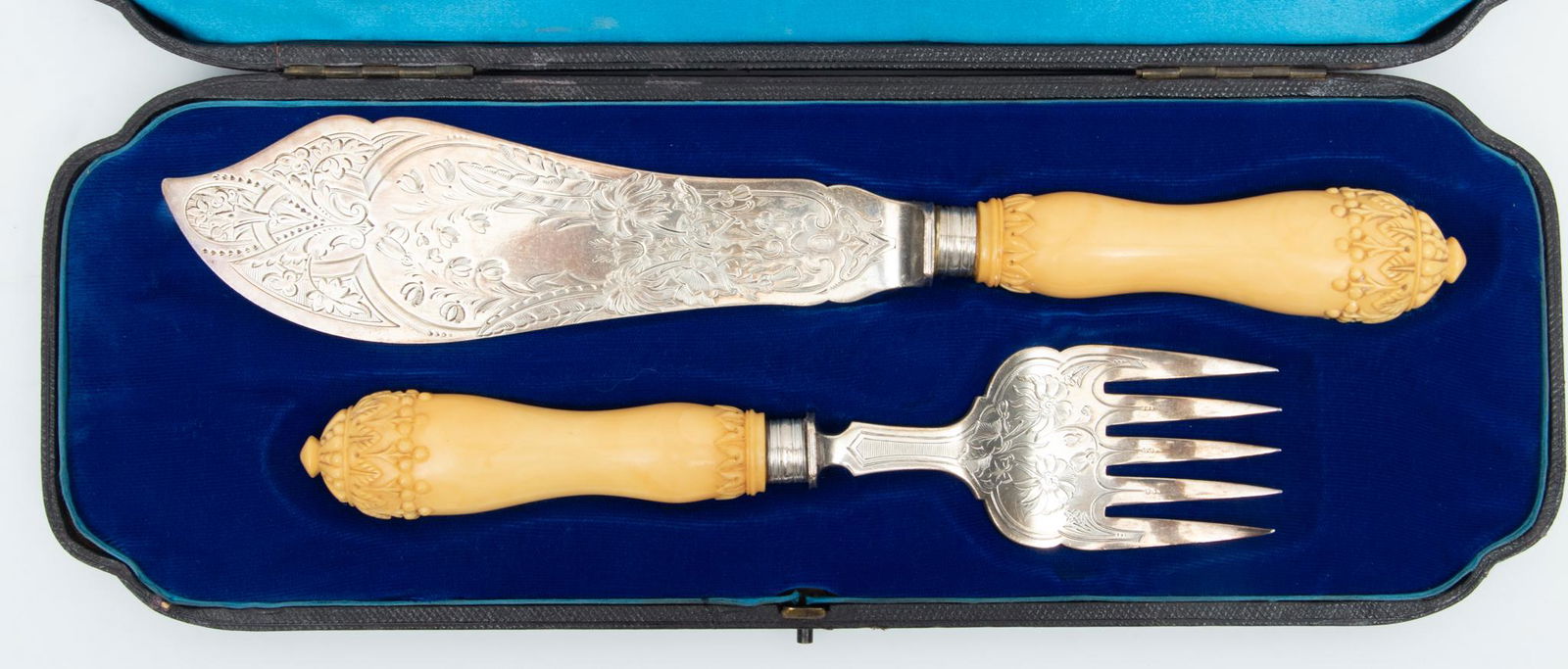 Mappin Brothers (London) Celluloid & Sterling Silver Fish Fork + Knife C. 1883 (1 of 6)