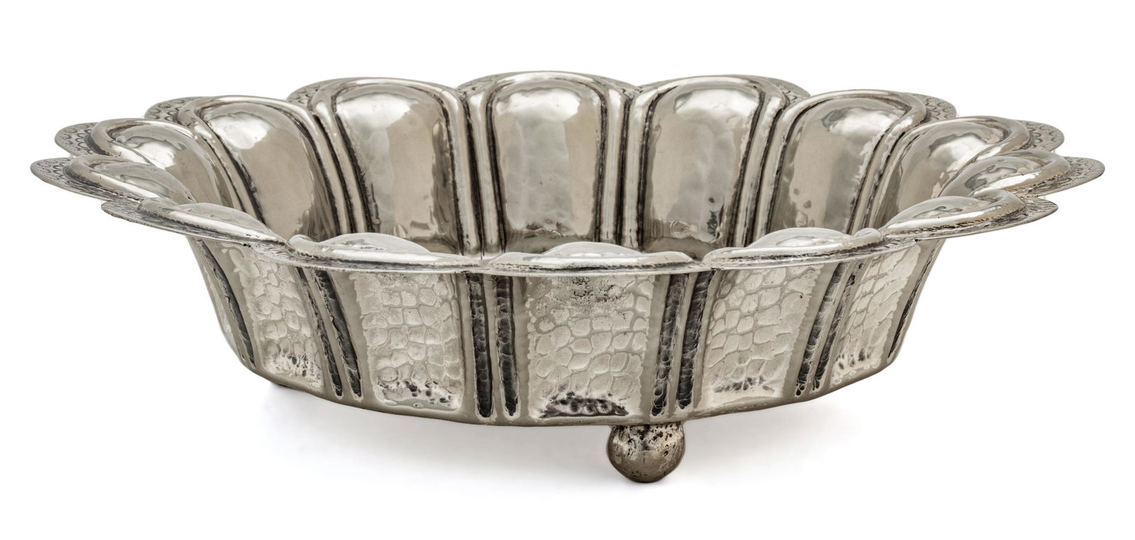 Brazil Silver Plate Hand Hammered Centerpiece Bowl Dia. 10'' 16.1t oz: Brazil Silver Plate Hand Hammered Centerpiece Bowl Dia. 10'' 16.1t oz | Invicta label. Raised on three ball feet. Lobed sides with scallop edge. "Boliviano" and "Brazil" impressed. From a Stephens Rd.