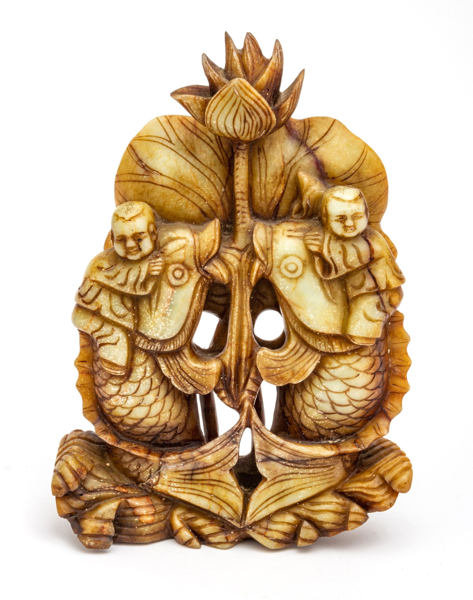 Chinese  Soapstone Carving, Two Boys Riding Fish C. 1900, H 12'' W 8'' (1 of 5)