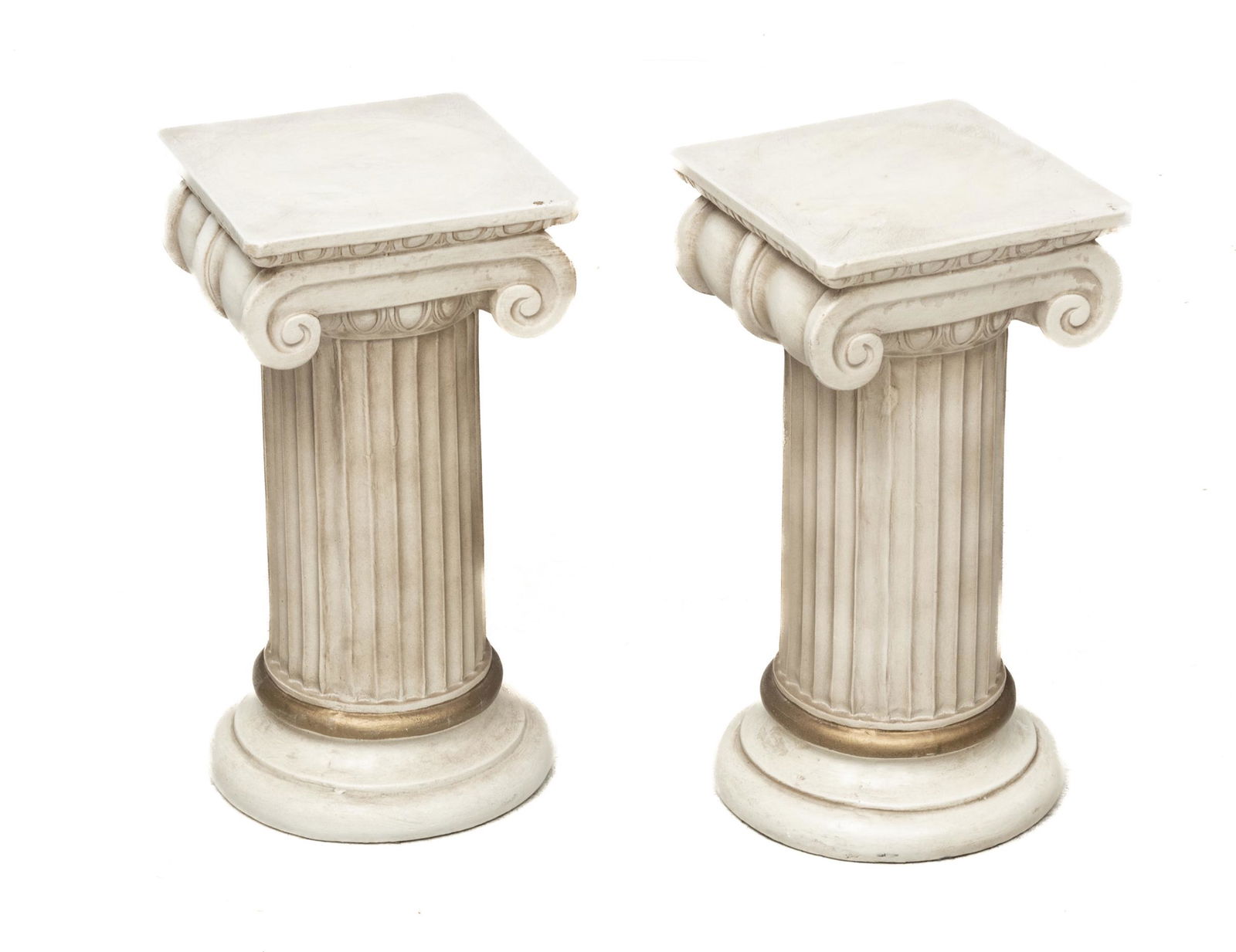 White Wood Pedestals, H 18'' W 9'' 1 Pair: White Wood Pedestals, H 18'' W 9'' 1 Pair | Scroll motif at tops. Provenance: The estate of a prominent Lakeshore Drive, Grosse Pointe, MI private collector.