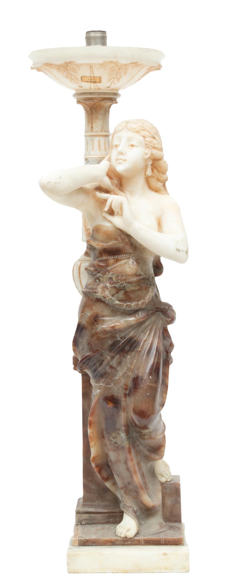 Art Deco Italian Alabaster & Marble Sculpture - Figural Lamp, Damage To Column C. 1900, H 30'' (1 of 7)