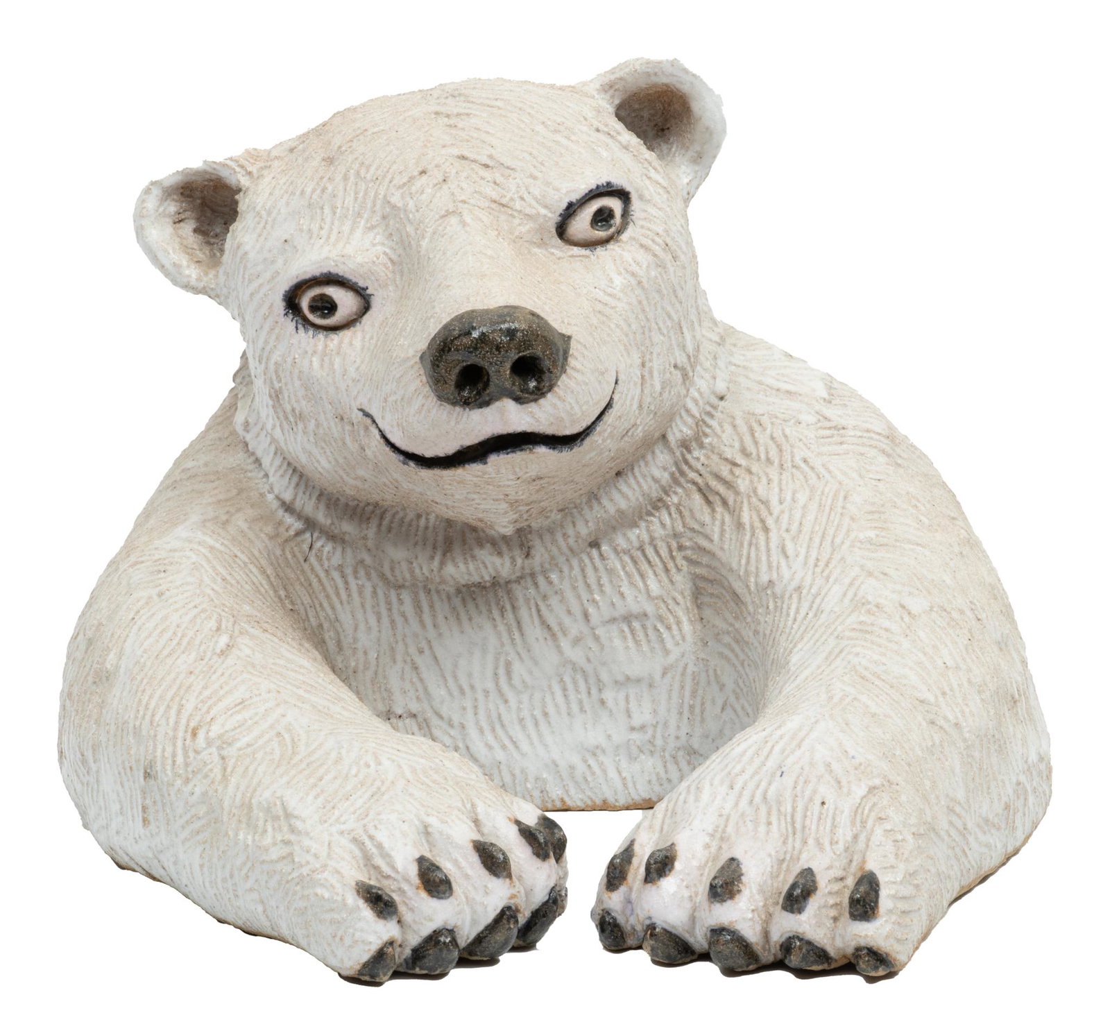 Ginny Moss (Ann Arbor, Michigan) Glazed Pottery Polar Bear, 1974, H 9.5'' W 12'' Depth 14'': Ginny Moss (Ann Arbor, Michigan) Glazed Pottery Polar Bear, 1974, H 9.5'' W 12'' Depth 14'' | Artist's signature and date to the underside.