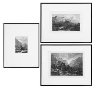 Alexandre Calame (Swiss, 1810-1864) Etchings On Wove Paper, Mountain Landscape Scenes, H 6.75'' W: Alexandre Calame (Swiss, 1810-1864) Etchings On Wove Paper, Mountain Landscape Scenes, H 6.75'' W 9.5'' 3 pcs | A collection of three etchings on wove paper depicting mountain landscapes by Alexandre