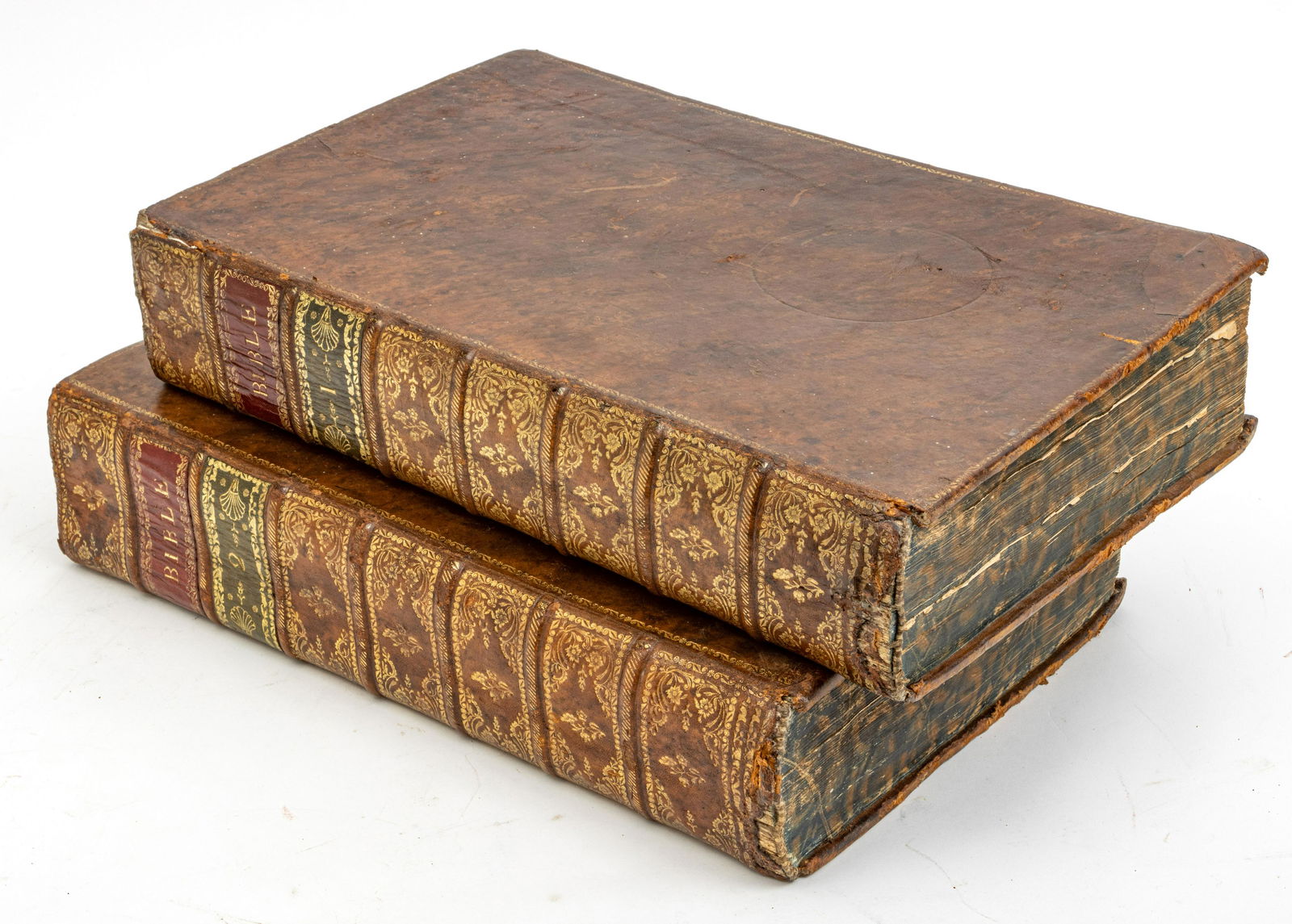 La Sainte Bible, 1707, Amsterdam, Two Volumes, In French H 17.5" W 11.5" Tooled Leather Bound: La Sainte Bible, 1707, Amsterdam, Two Volumes, In French H 17.5" W 11.5" Tooled Leather Bound | Le Vieux Et La Nouveau Testament. 62 Plates, 6 Maps By Guens Mortier . Amsterdam H. D. Esbordes. Full Br
