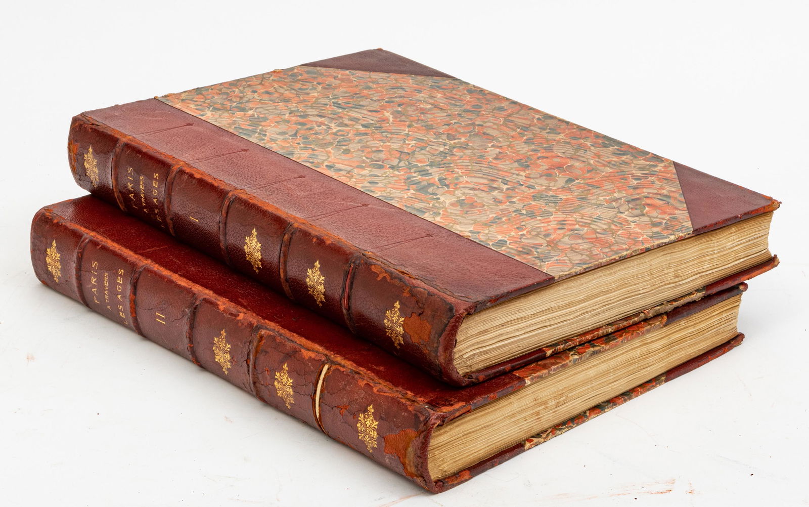 Paris Travers Les Ages, 1885, Two Vol In French, Monuments And Quarters Historiques: "Paris" Travers Les Ages, 1885, Two Vol In French, Monuments And Quarters Historiques | Deluxe Edition. 17" X 13". Half Bound In Red Morocco Leather Spine With A Marbled Paper Cover. Illustrated In Co