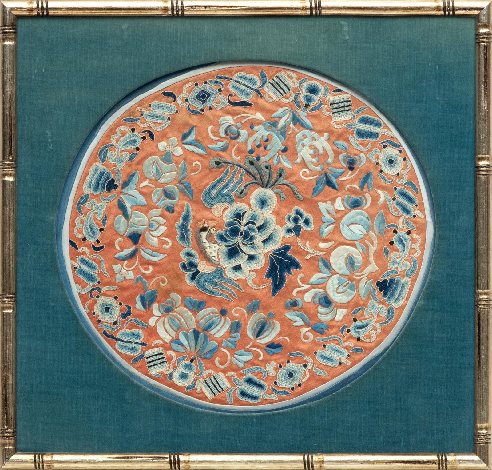 Chinese Forbidden Stitch Silk Embroidery, C. 1850, Dia. 10.75'': Chinese Forbidden Stitch Silk Embroidery, C. 1850, Dia. 10.75'' | A framed Chinese forbidden stitch silk embroidery. With a Hong Kong Art Craft Merchants Association paper label affixed to the verso. 