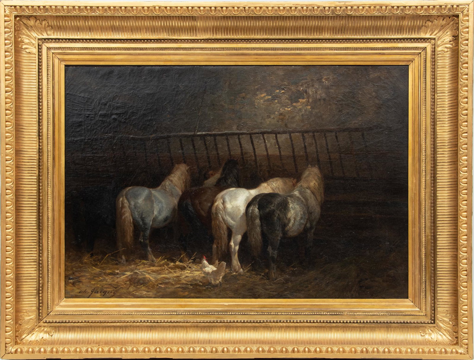 Charles Emile Jacque (France, 1813-1894) Oil On Canvas Horse Stable With Chicken, H 27'' W 39'' (1 of 6)