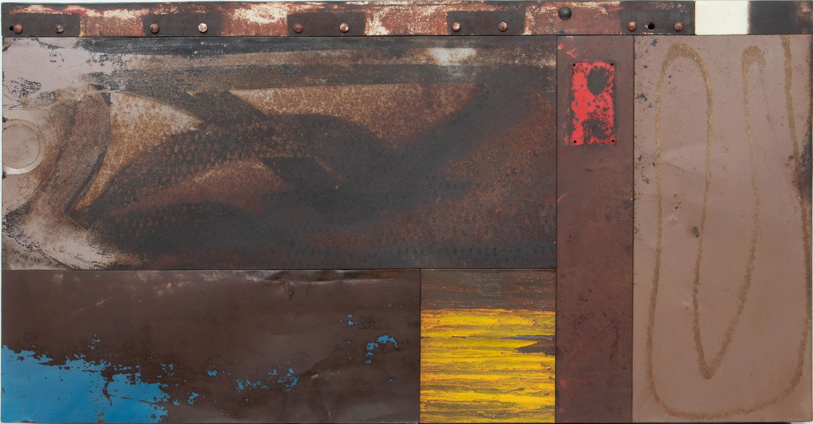 Mark Cesark (American) Metal Mixed Media Wall Sculpture, C. 2006, Untitled (Song), H 27'' W 51'' (1 of 2)