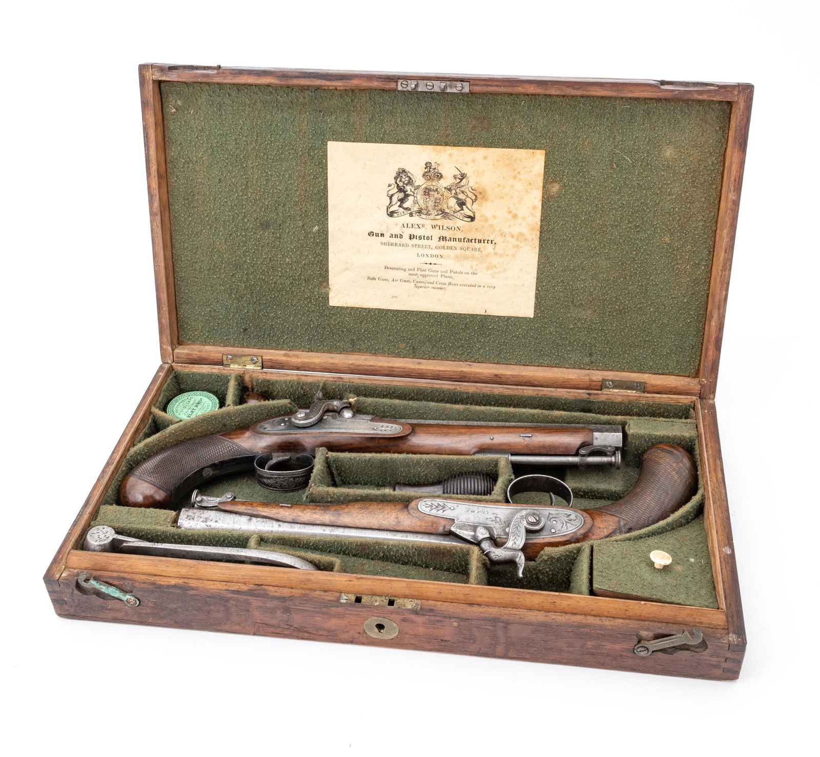 Alexander Wilson, London,  Cased Percussion Cap Pistols, C. 1830s, Approx. .50 Cal., L 8" Barrels (1 of 9)