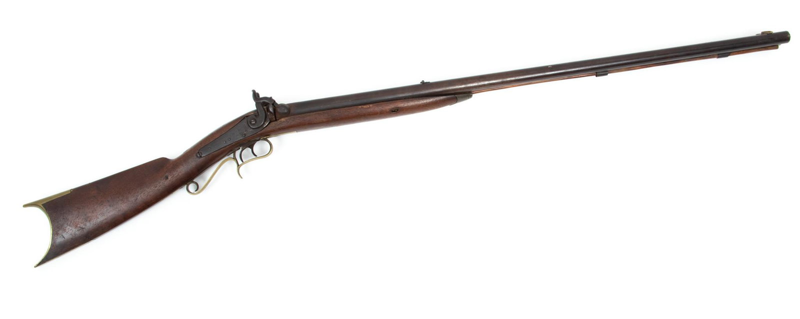 Joseph Golcher Double Barrel Percussion Cap Rifle, C. Mid 19th C., 33" Barrels: Joseph Golcher Double Barrel Percussion Cap Rifle, C. Mid 19th C., 33" Barrels | Locks engraved with hunting dogs and fowl with "JOSh GOLCHER". Side by side circular barrels with straight rifling. Bor