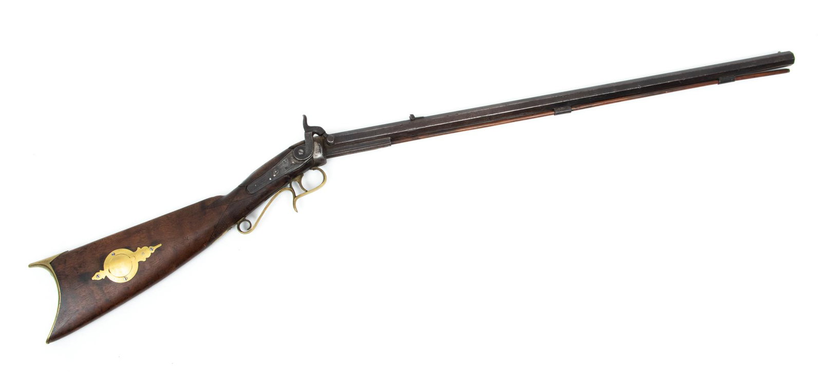 George Goulcher Percussion Cap Rifle, C. 1850s, 27" Barrel: George Goulcher Percussion Cap Rifle, C. 1850s, 27" Barrel | Engraved lock marked "GEOe GOULCHER" with pheasants. Walnut stock with brass patch box, butt plate and trigger guard. Octagonal barrel with
