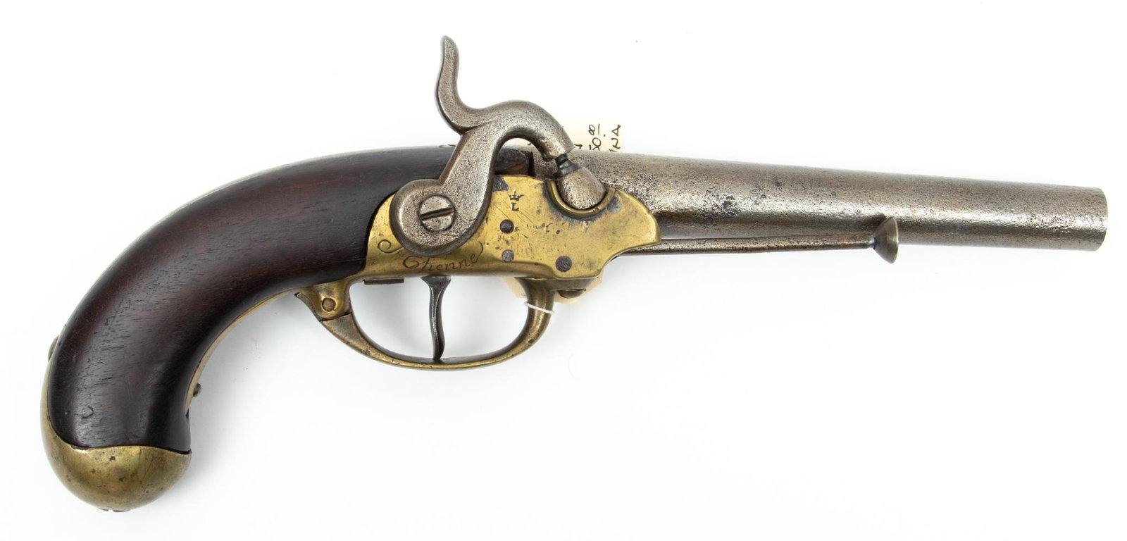 French Model 1777 Percussion Cap Conversion Pistol, St. Etienne, L 13'': French Model 1777 Percussion Cap Conversion Pistol, St. Etienne, L 13'' | Brass lock marked St. Etienne with a crown over "L". Percussion cap conversion. 7" circular barrel with illegible proof mark. 