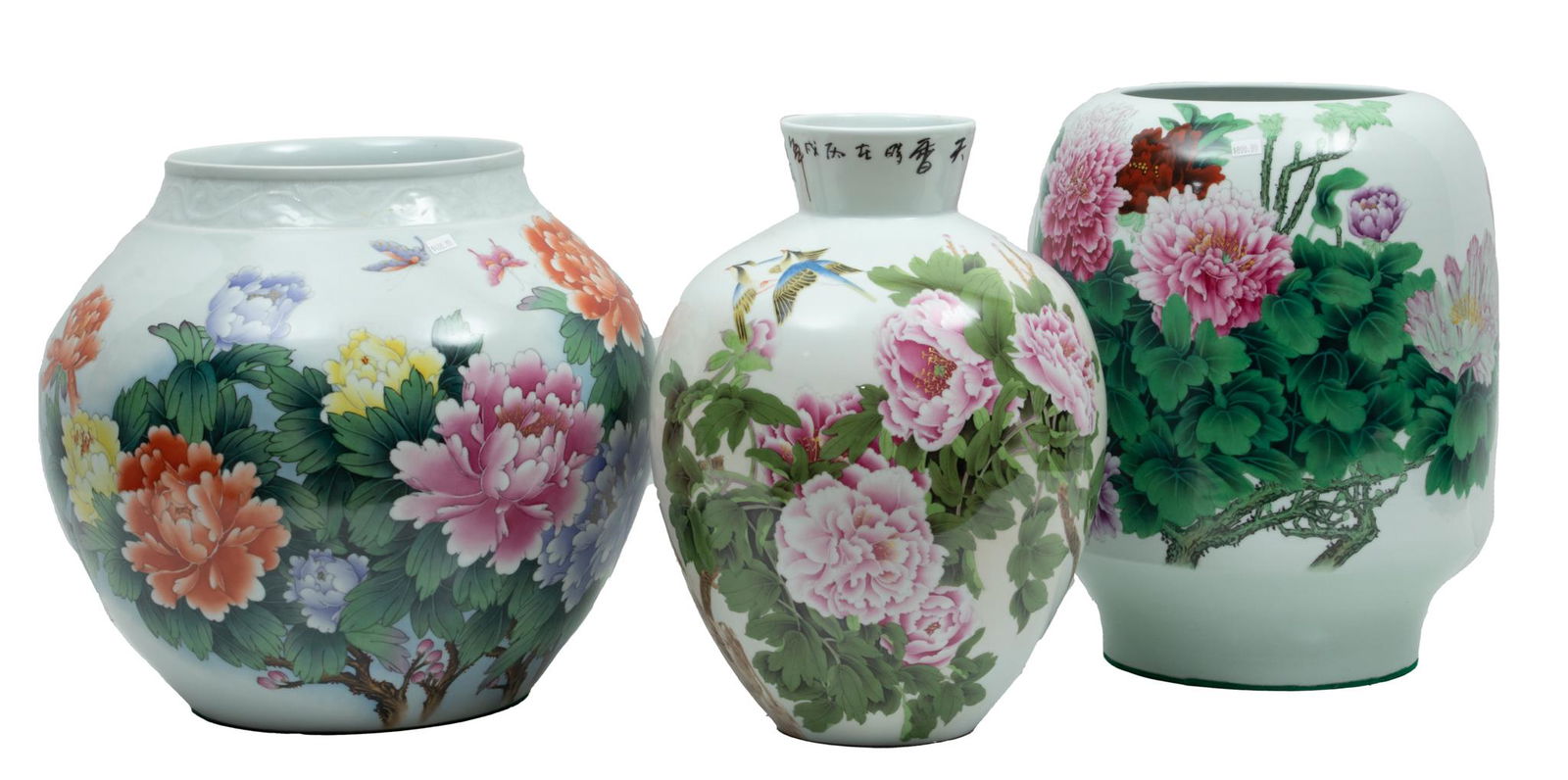 Chinese Porcelain Large Flower Vases, Peonies, 3 pcs: Chinese Porcelain Large Flower Vases, Peonies, 3 pcs | All three vases having hand painted scenes of flowering peonies. Baluster form vase, H 16" X 11"; Drum vase, H 16" X 11". Jardinière H 15" X
