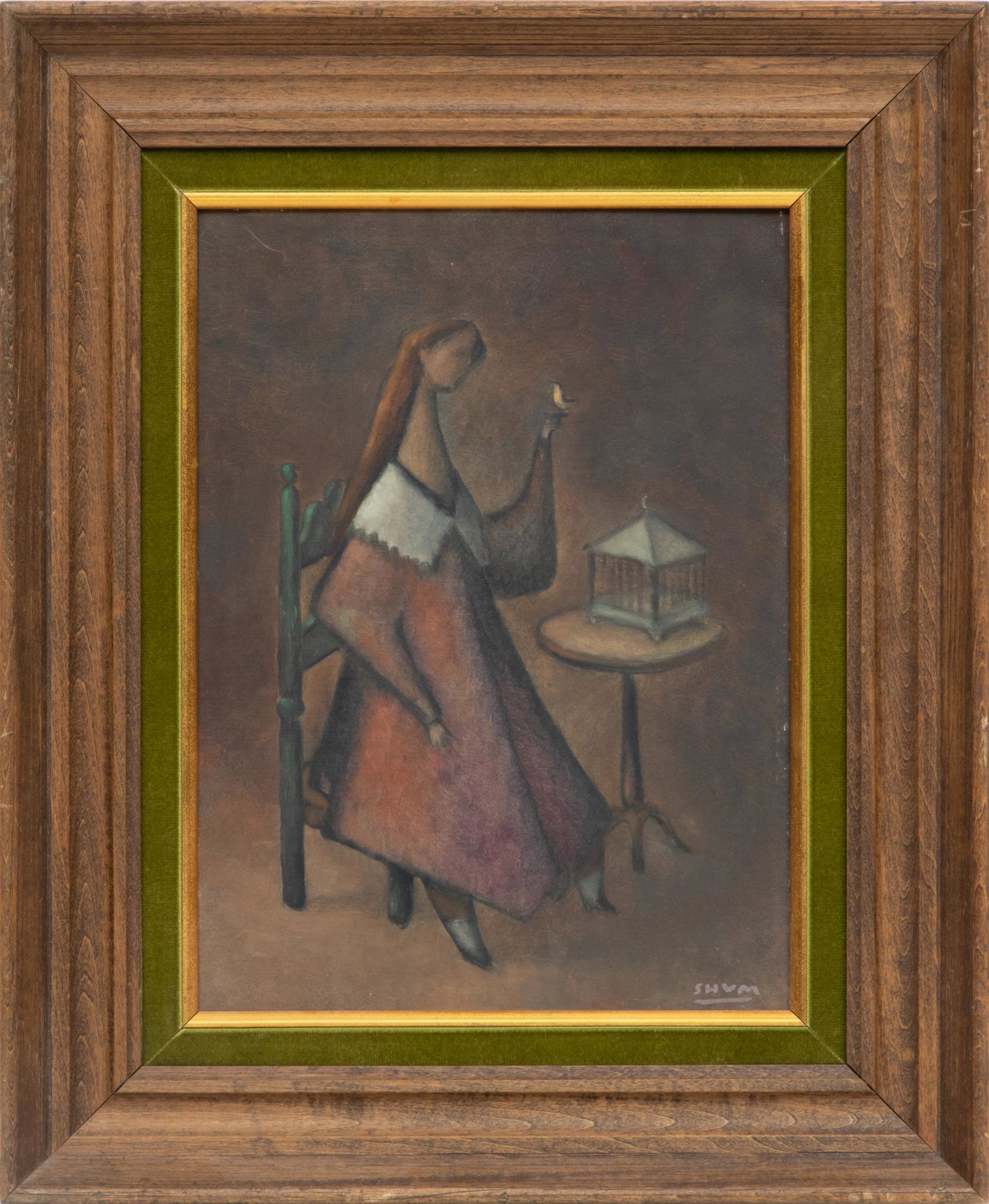 Shum, Oil On Masonite, 1962, Girl With Bird, H 13'' W 9'': Shum, Oil On Masonite, 1962, Girl With Bird, H 13'' W 9'' | A 1962 oil on masonite titled "Girl With Bird" by Shum. Signed, dated, and inscribed "Mexico, 1962" on verso. Frame measures H 19" x L 16". 