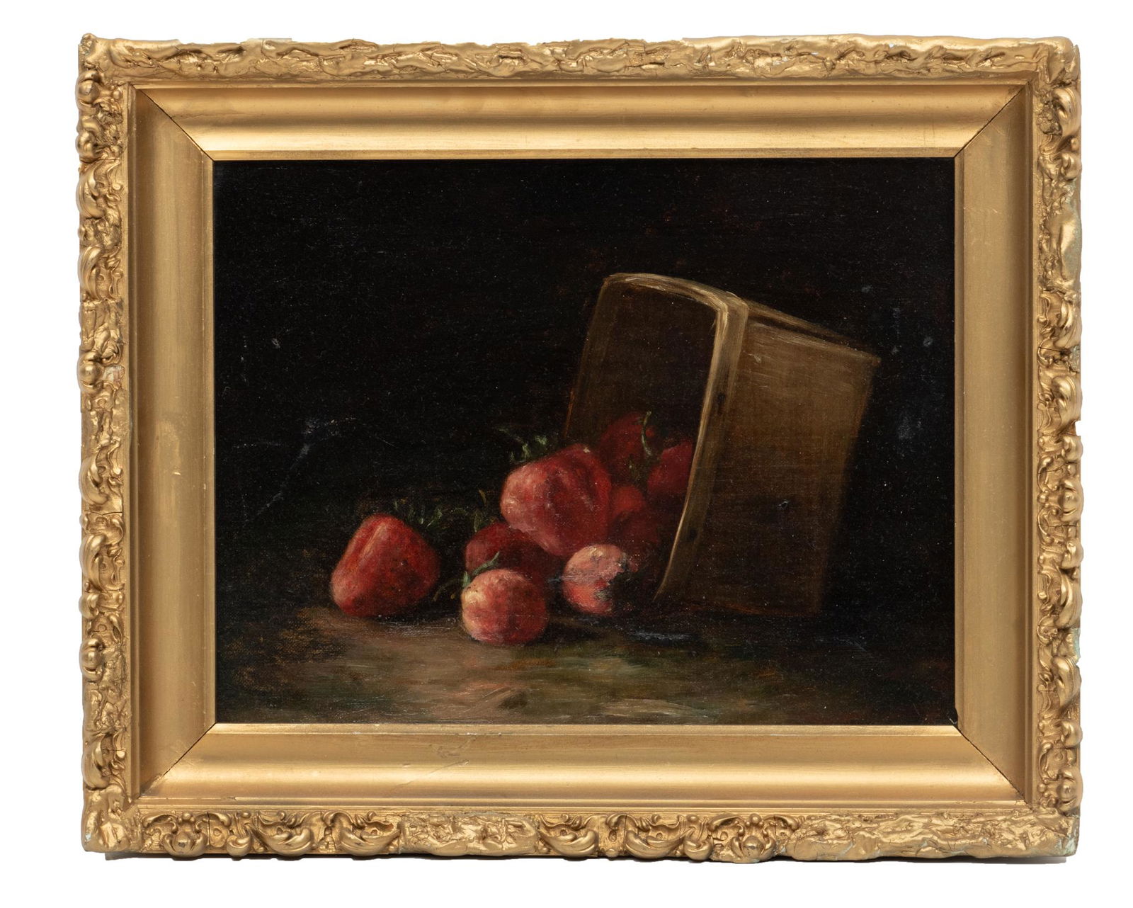 Unsigned Oil On Canvas,  19th C., Strawberry Basket, H 10'' W 13'' (1 of 3)