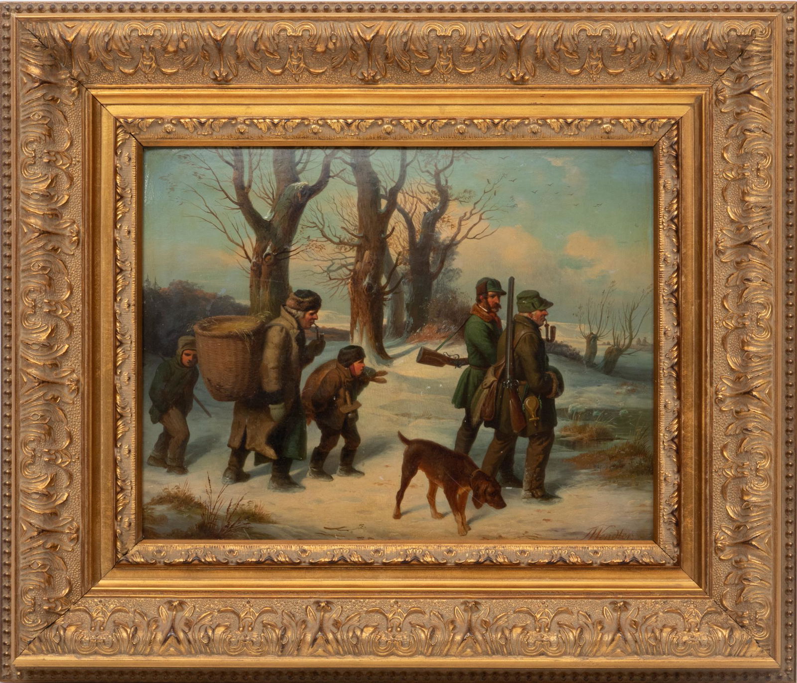 Frederich Moritz Wendler (German, 1814-1872) Oil On Board Winter Hunting Scene, H 10'' W 12.5'' (1 of 4)