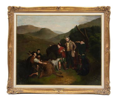 Attributed to Sir Edwin Henry Landseer (English, 1802-1873) Oil On Canvas, Scottish Hunting Party, H: Attributed to Sir Edwin Henry Landseer (English, 1802-1873) Oil On Canvas, Scottish Hunting Party, H 25.5'' W 30.5'' | Signed lower right. Framed with linen liner H 30.5", W 36".