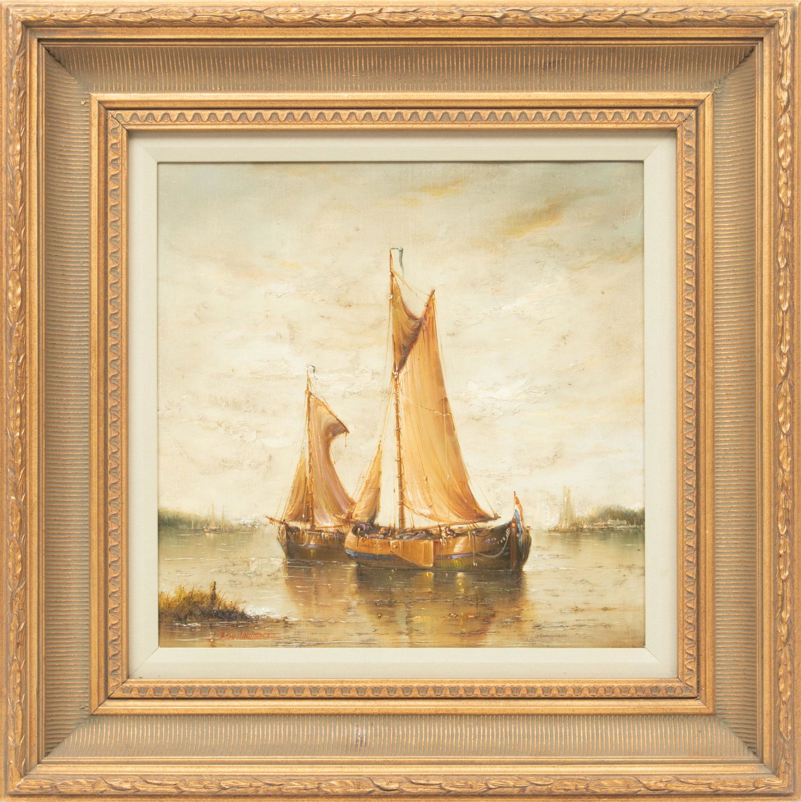 Jean Laurent (French, 1898-1988) Oil On Canvas, 20th C., Dutch Sailboats Moored Off The Coast, H (1 of 4)