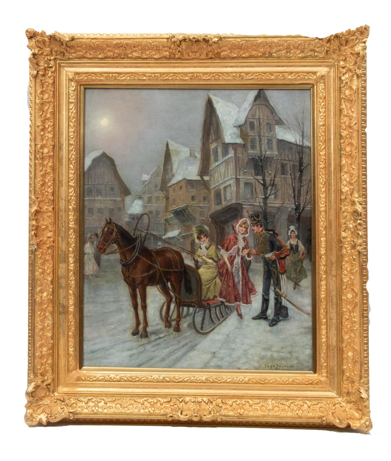 Hugo Salmson (Swedish, 1843-1893) Oil On Canvas, 19th C., Ladies On A Troika With An Officer, H 29'' (1 of 4)