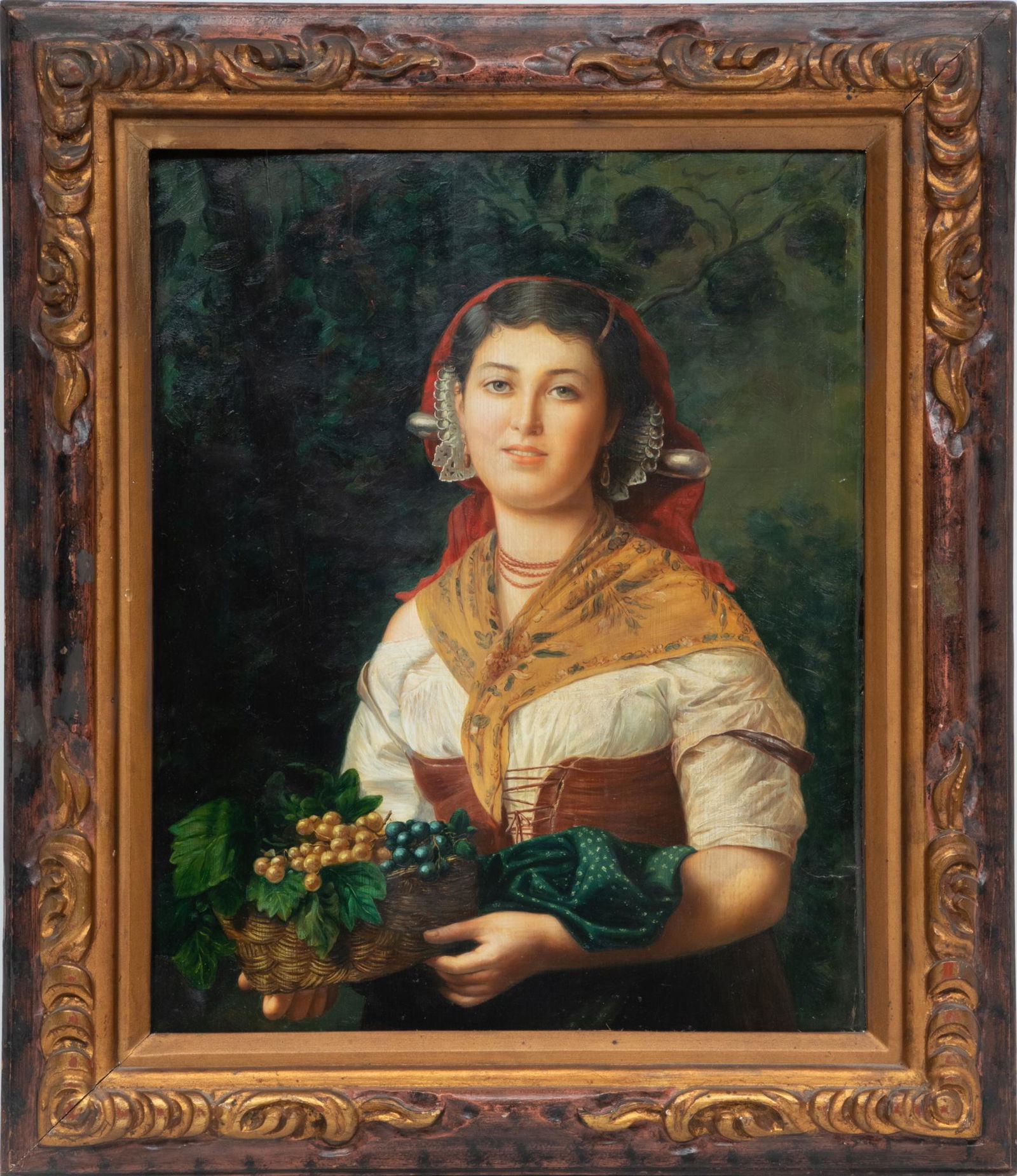 Oil On Beveled Mahogany Panel, C. 1900, Girl With Basket Of Grapes, H 19'' W 15'' (1 of 3)