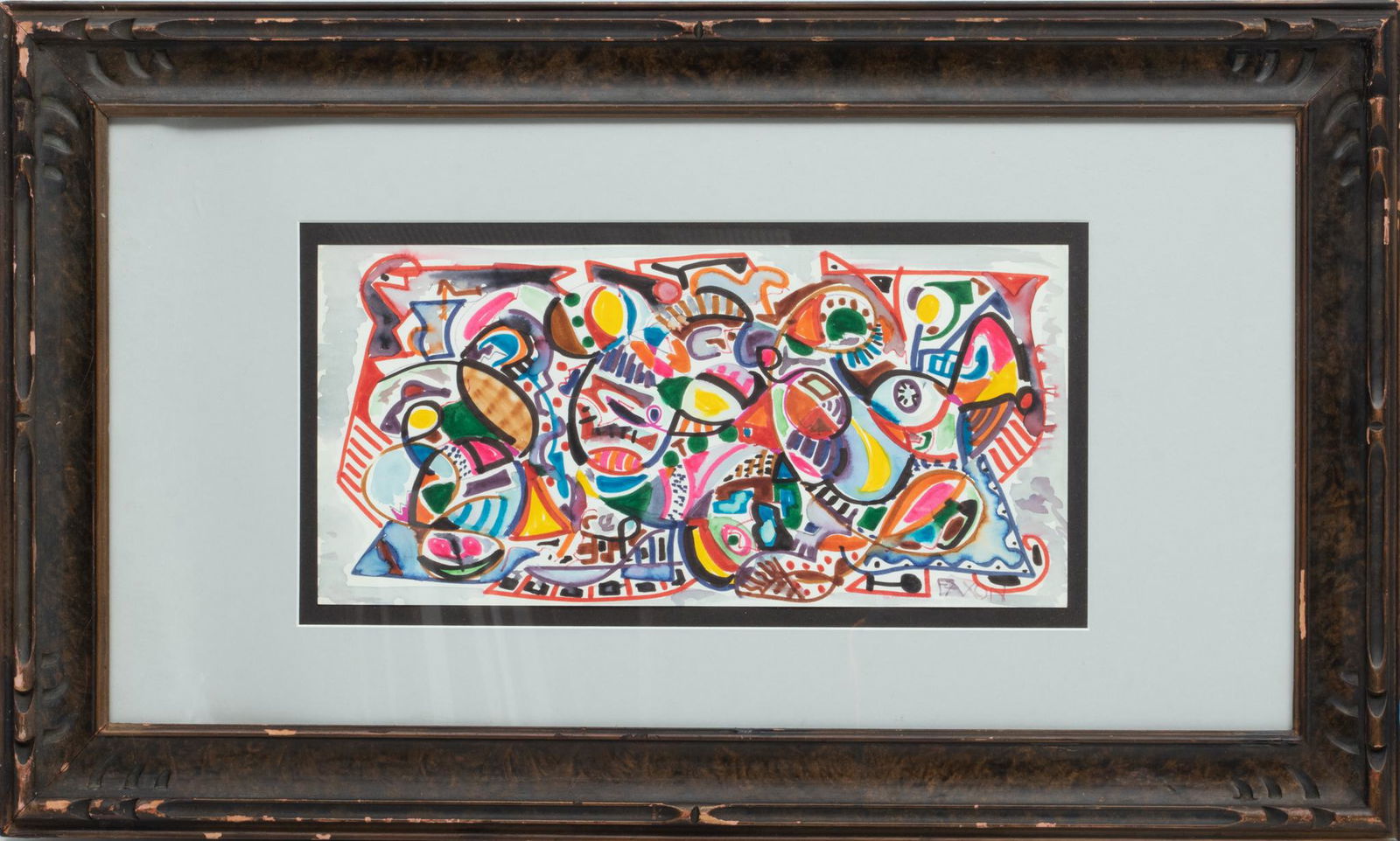 Jack Faxon Acrylic And Watercolor H 8'' W 17'': Jack Faxon Acrylic And Watercolor H 8'' W 17'' | Signed lower right. Wood frame 19" x 33". Yellow and pink accent colors.