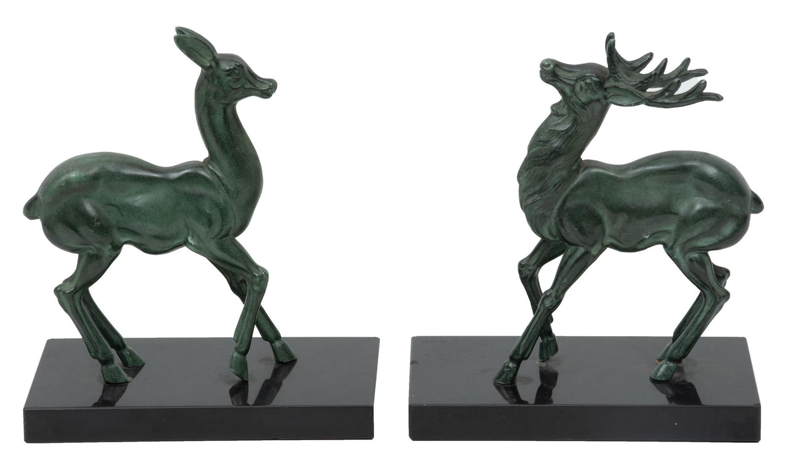 Patinated Metal Sculptures Of A Doe And A Buck, 20th C., Two Pieces, H 5.5'' W 1'' L 3.75'' (1 of 5)