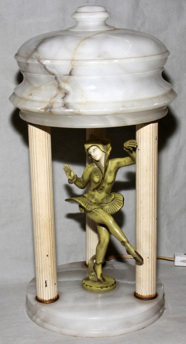 ART DECO ALABASTER & METAL FIGURAL LAMP: ART DECO ALABASTER & METAL FIGURAL LAMP, H 14", DIA 8":Alabaster dome has been cracked and relined. Circa 1920-30.