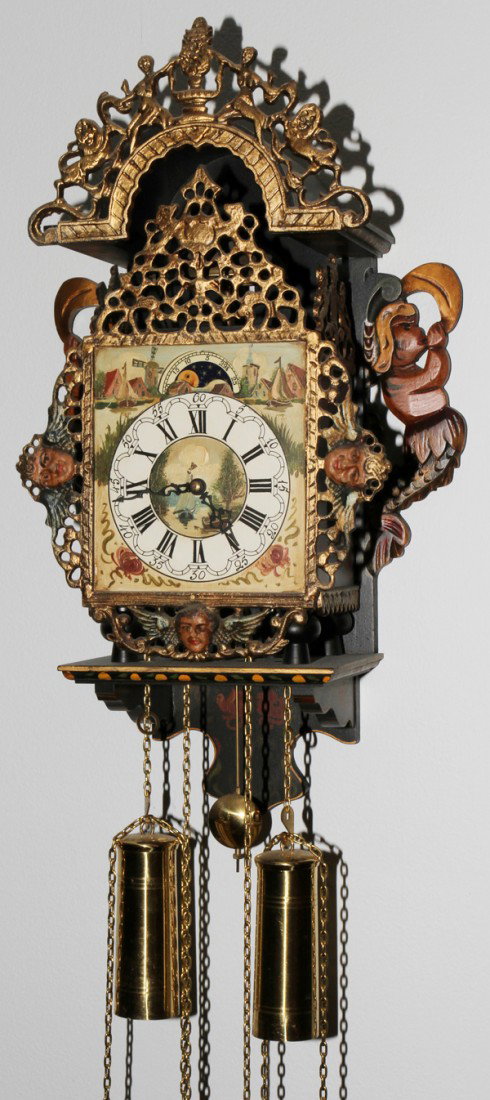 DUTCH STYLE METAL & WOOD WALL CLOCK, H 24": DUTCH STYLE METAL & WOOD WALL CLOCK, H 24", W 11":With 2 brass weights, a hand painted dial and a revolving seconds dial. From the Estate of Robert and Elizabeth Mandy, Bingham Farms, Mi.