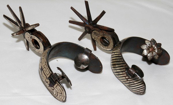 CHIHUAHUA SILVER SPURS, PAIR: CHIHUAHUA SILVER SPURS, PAIR:Silver inlay. Not marked.