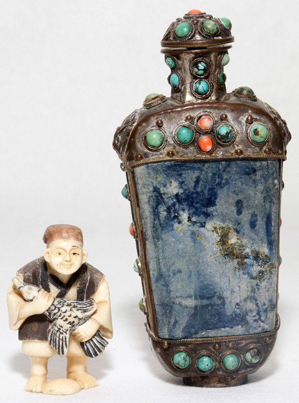 CHINESE SNUFF BOTTLE & JAPANESE IVORY NETSUKE: CHINESE SNUFF BOTTLE & JAPANESE IVORY NETSUKE:Metal, turquoise, soapstone snuff bottle; ivory Japanese man with bird. From the Estate of Eunice Bundy, Bloomfield Hills, Mi.