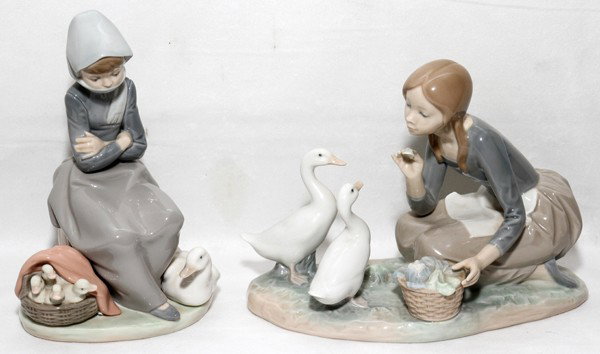 LLADRO PORCELAIN FIGURES, TWO, H 6 1/2" & 8": LLADRO PORCELAIN FIGURES, TWO, H 6 1/2" & 8":Young girls with ducks. From the Estate of Robert and Elizabeth Mandy, Bingham Farms, Mi.