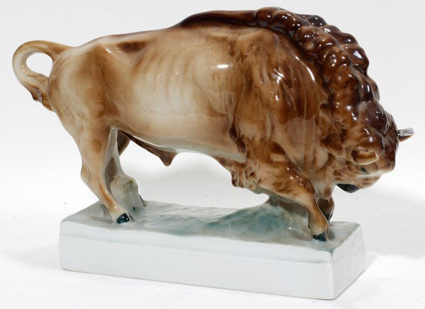ZSOLNAY HUNGARIAN PORCELAIN BISON, H 5 1/2": ZSOLNAY HUNGARIAN PORCELAIN BISON, H 5 1/2":From the Estate of Mary Grace Pribanyec, Lincoln Park, MI. From the Estate of Mary Grace Pribanyec, Lincoln Park, Mi.