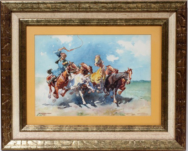 WALLBURG EGON, WATERCOLOR, 1939,: WALLBURG EGON, WATERCOLOR, 1939, 9" X 13", HORSE ROUND UP:Signed and dated. From the Estate of Mary Grace Pribanyec, Lincoln park