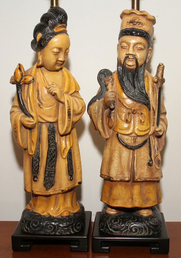 COMPOSITION CHINESE FIGURAL LAMPS, PAIR, H 38": COMPOSITION CHINESE FIGURAL LAMPS, PAIR, H 38":By Frederick Cooper. From the Estate of Eunice Bundy, Bloomfield Hills, Mi.