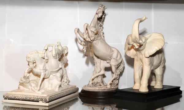 DECORATIVE FIGURES, 3: DECORATIVE FIGURES, 3:Includes Capo de Monte elephant, horse, 13 1/2" and chariot. From the estate of Audrey Stanko, Sterling Heights, Mi.