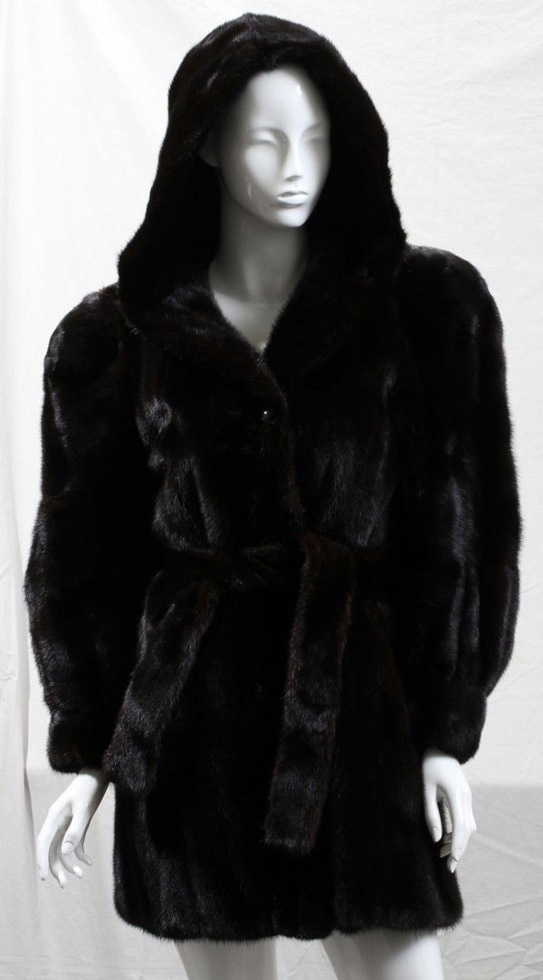 CHRISTIAN DIOR HOODED MINK 3/4 LENGTH COAT,: CHRISTIAN DIOR HOODED MINK 3/4 LENGTH COAT, RETAILED BY LAZARE'S FURS, SIZE 10, L 34":Black ranch male mink trotter retailed by Lazare's of Canada. The interior has both a lining that has "Christian D