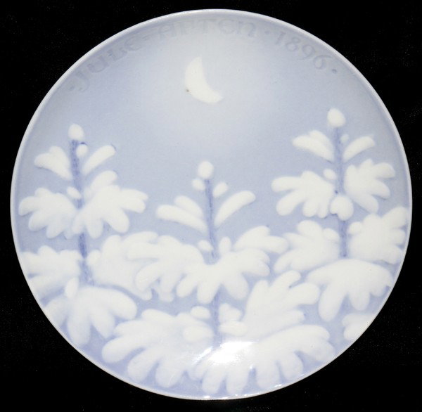 BING & GRONDAHL PORCELAIN CHRISTMAS PLATE, 1896: BING & GRONDAHL PORCELAIN CHRISTMAS PLATE, 1896, DIA 7":Marked on the back "Danish China Works Copenhagen" in green and "B & G (illegible mark) 570 in blue under glaze as well as a "Danish Imports Pos
