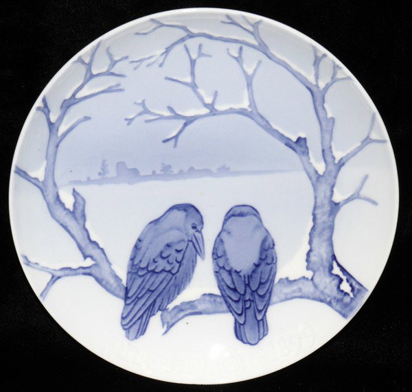 BING & GRONDAHL PORCELAIN CHRISTMAS PLATE, 1899: BING & GRONDAHL PORCELAIN CHRISTMAS PLATE, 1899, DIA 7":Marked on the back with trademark logo in green and "B & G IHL 1048" in blue under glaze as well as a "Danish Imports Post, Texas" label. Includ